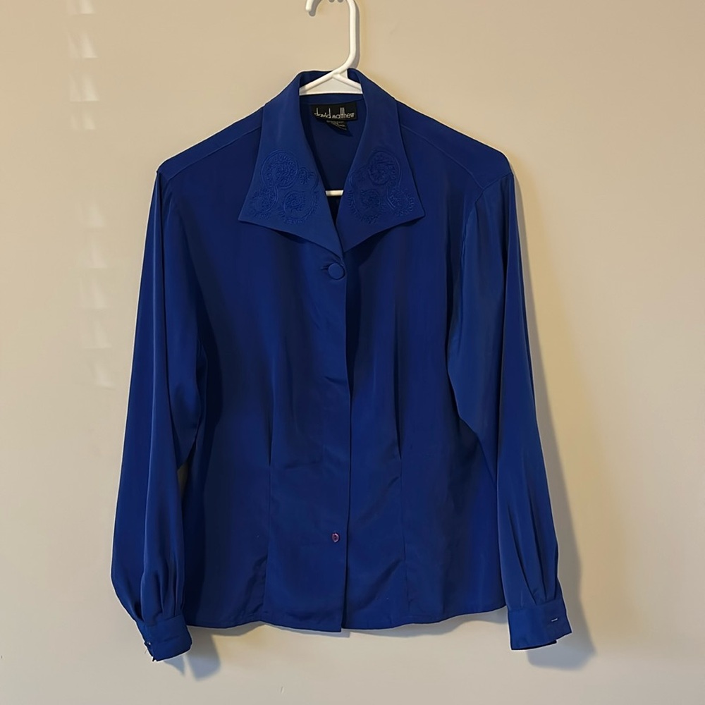 Beautiful rayon and cotton royal blue blouse by David Matthew.